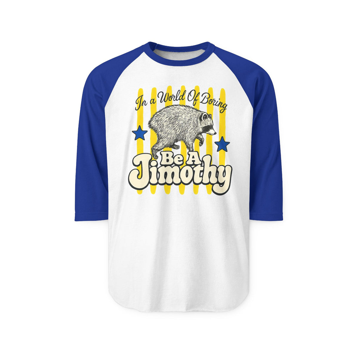 White and blue three quarter sleeve raglan shirt with a vintage raccoon graphic and Be A Jimothy lettering for women's fashion graphic tee style lovers