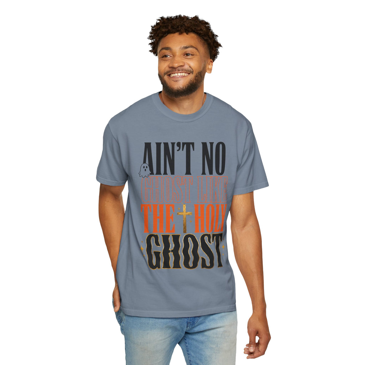 Smiling man modeling a blue graphic T shirt featuring the message Aint No Ghost Like the Holy Ghost for casual faith inspired style