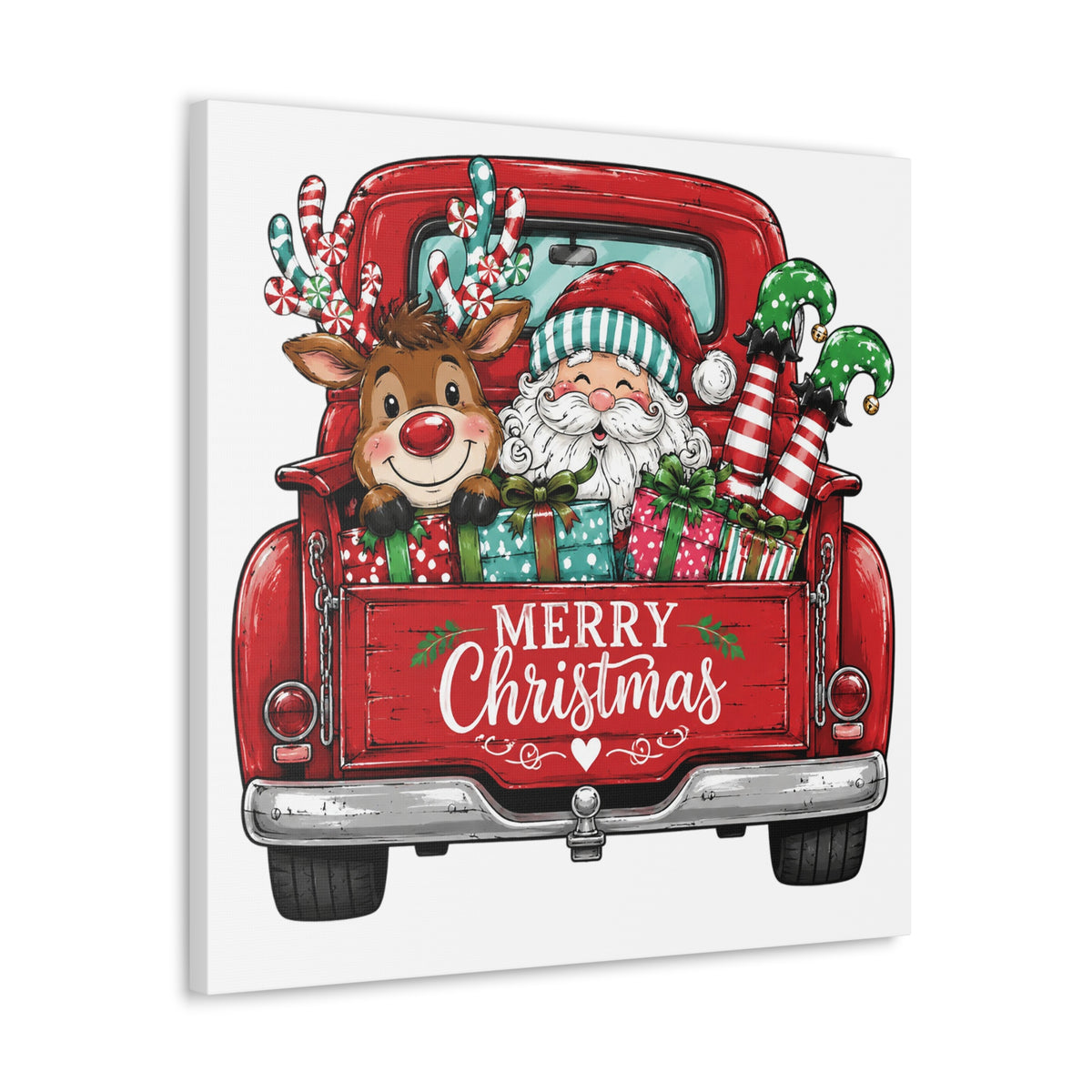 Christmas Truck Canvas - "Merry Christmas" Santa & Reindeer Holiday Wall Art