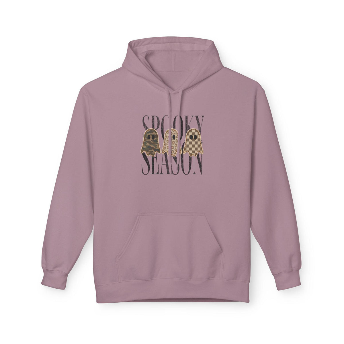 Mauve women's fashion hoodie with spooky season lettering and three vintage ghost illustrations on the front from Printify Graphics and Seasonal Favorites
