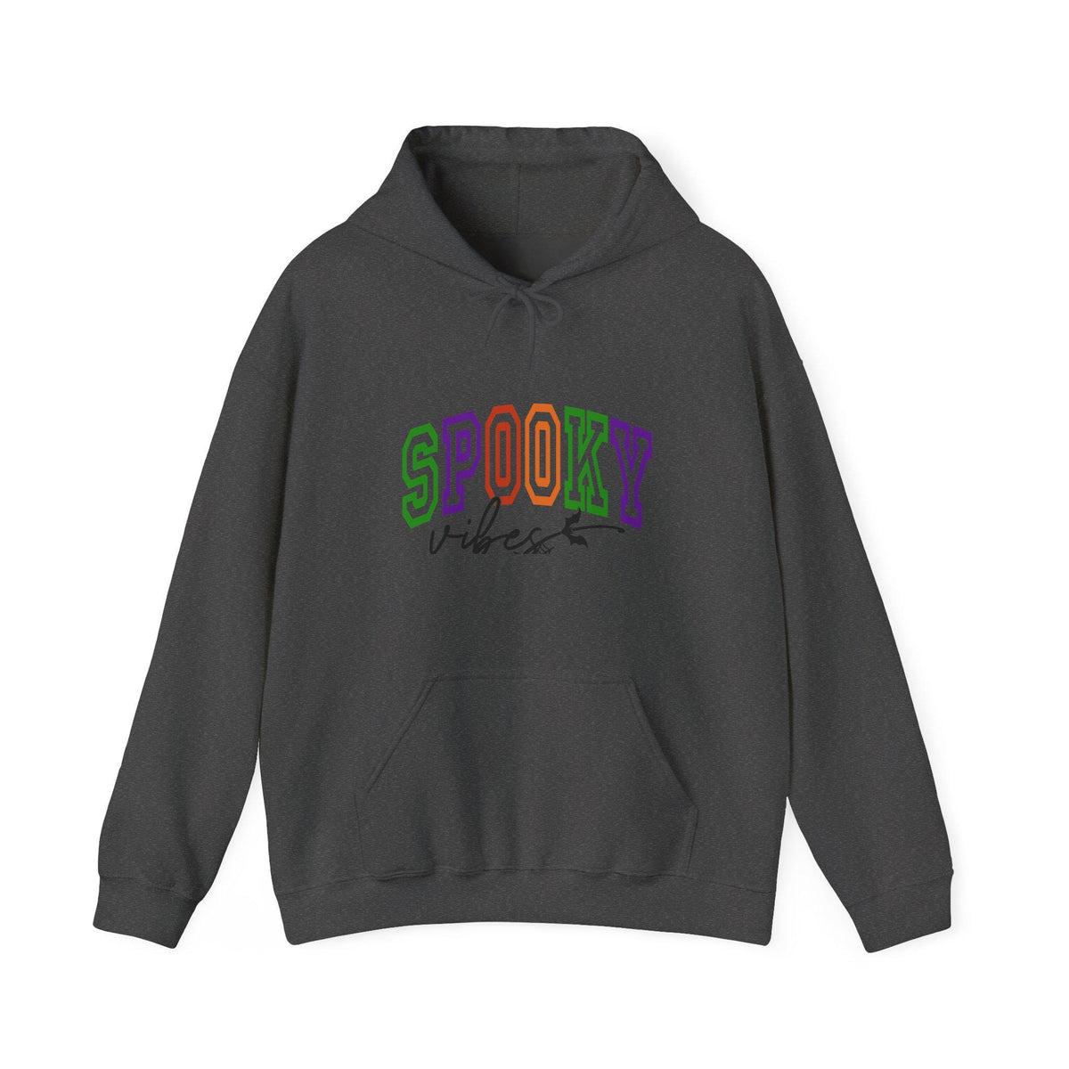 Charcoal pullover hoodie with a front kangaroo pocket and colorful SPOOKY collegiate lettering with a subtle script accent shown on a white background