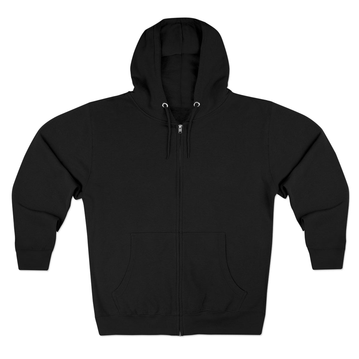Black full zip hoodie with adjustable drawstring hood long sleeves ribbed cuffs and roomy front pouch pockets for casual women's fashion layering