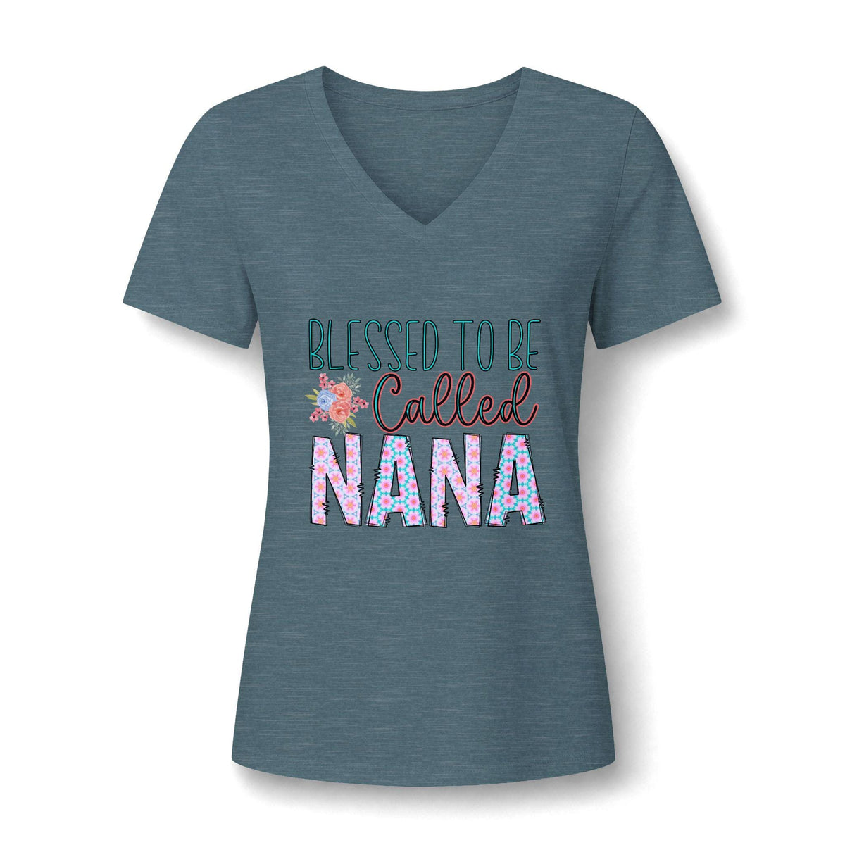 Heather charcoal V neck graphic tee with floral lettering that reads Blessed To Be Called Nana relaxed fit womens fashion apparel for proud grandmothers