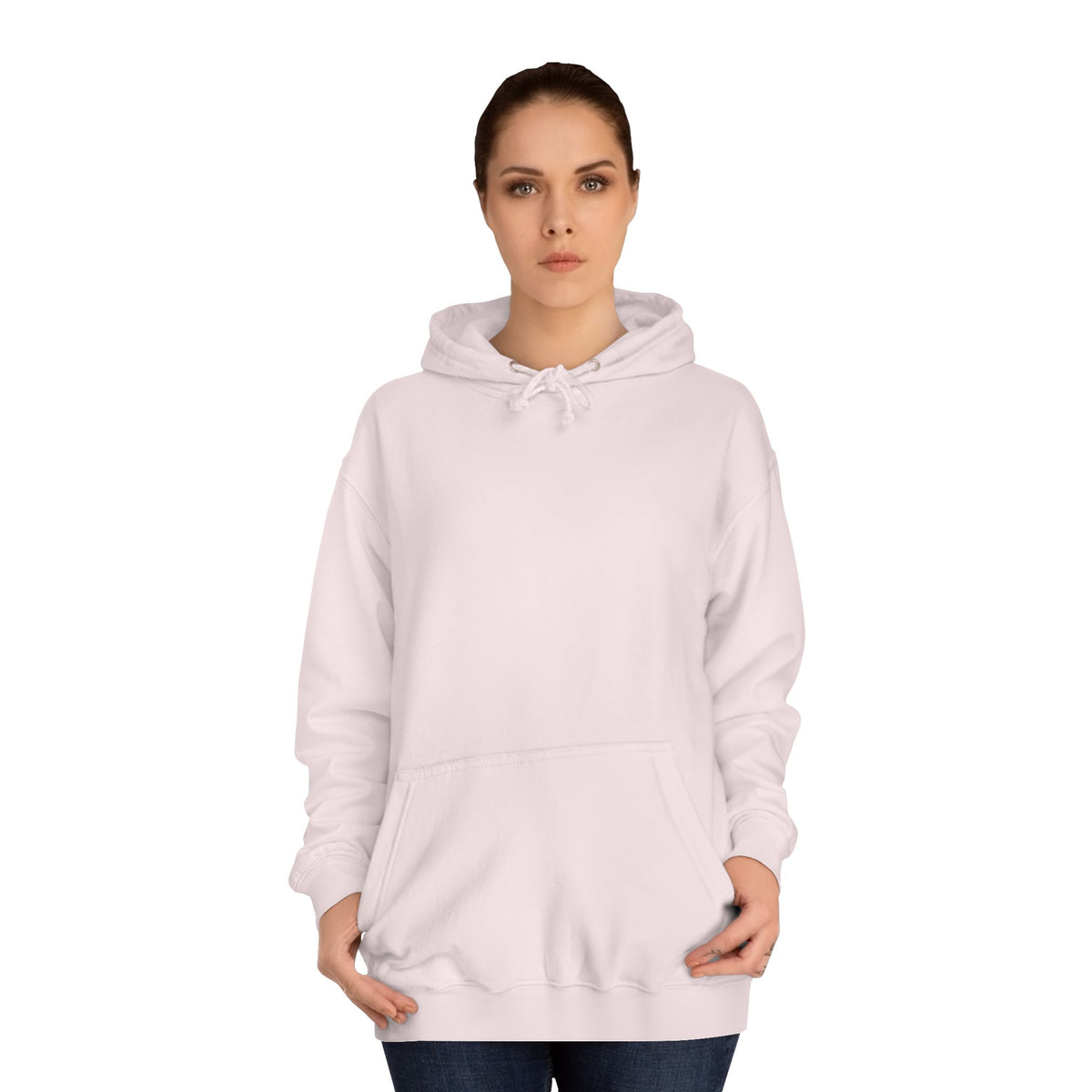Woman modeling a soft light pink pullover hoodie with drawstring hood long sleeves and roomy front kangaroo pocket for casual women's fashionાન્ય