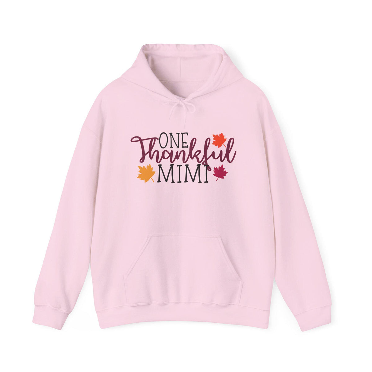 Pink hooded sweatshirt featuring One Thankful Mimi lettering with colorful autumn leaves cozy fall graphic apparel for grandmothers