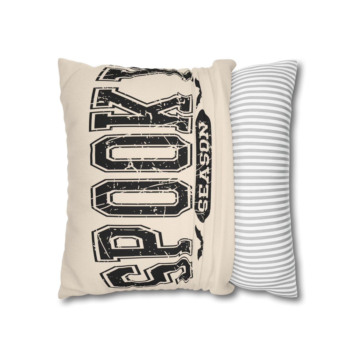 Cream square pillowcase with distressed black Ho Ho Ho lettering and a gray striped reverse side for seasonal home decor