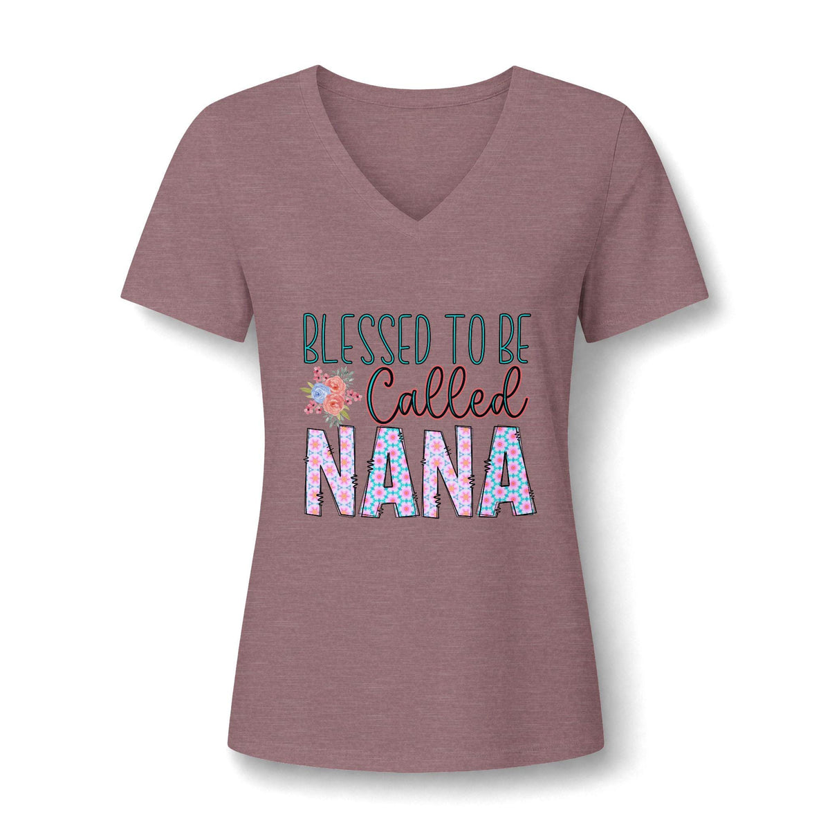 Mauve women's V neck graphic tee featuring Blessed to Be Called Nana lettering with colorful floral accents and a relaxed silhouette for casual everyday wear