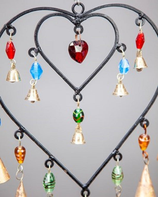 Decorative metal heart chime with colorful glass beads and brass bells for cheerful home decor from DC-OMSutra in New Arrivals