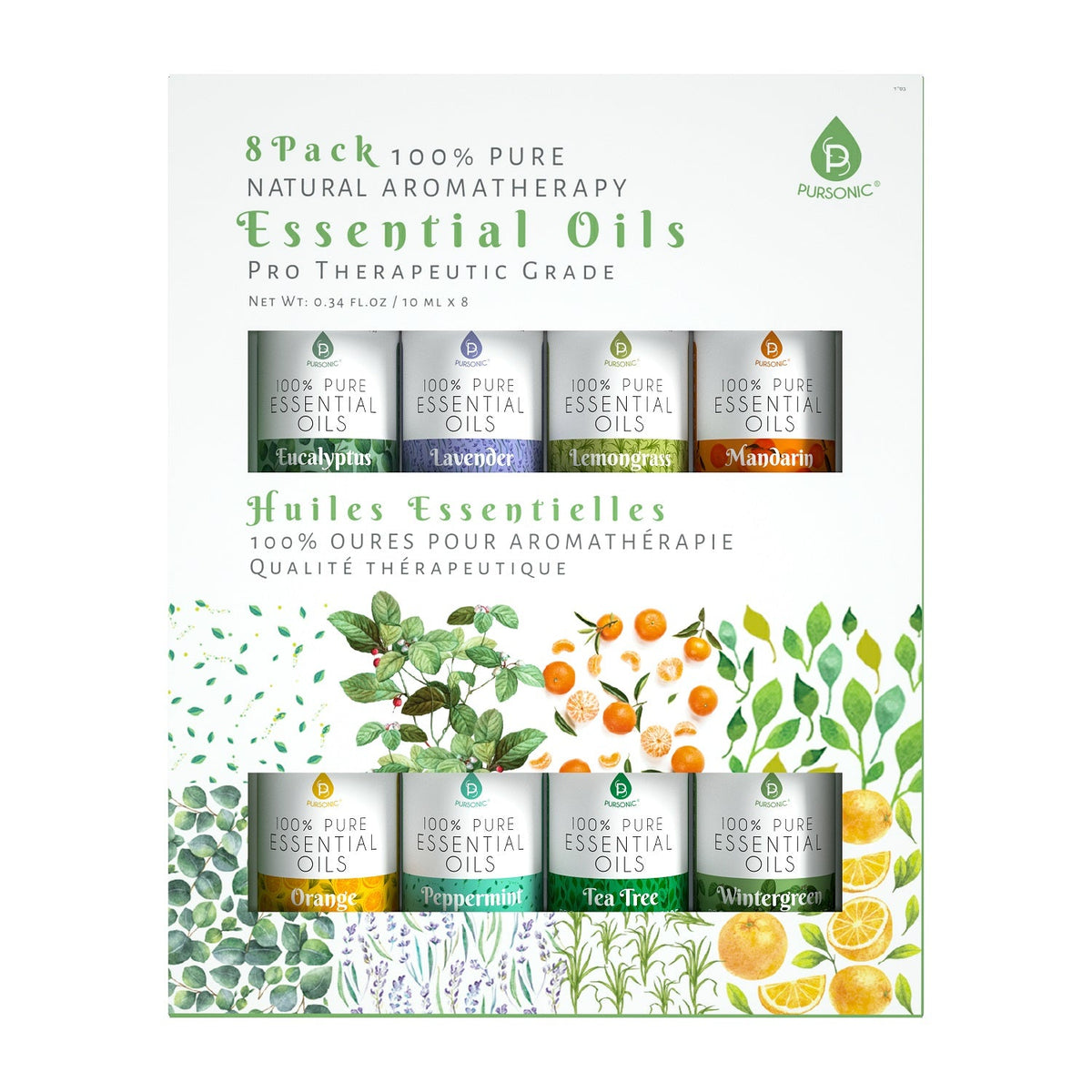 Boxed eight pack of pure essential aromatherapy oils with eucalyptus lavender lemongrass mandarin orange peppermint and tea tree scents shown on the package