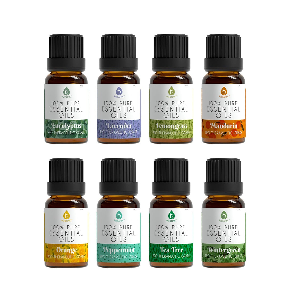Eight amber essential oil bottles labeled Eucalyptus Lavender Lemongrass Mandarin Orange Peppermint Tea Tree and Wintergreen arranged in two rows