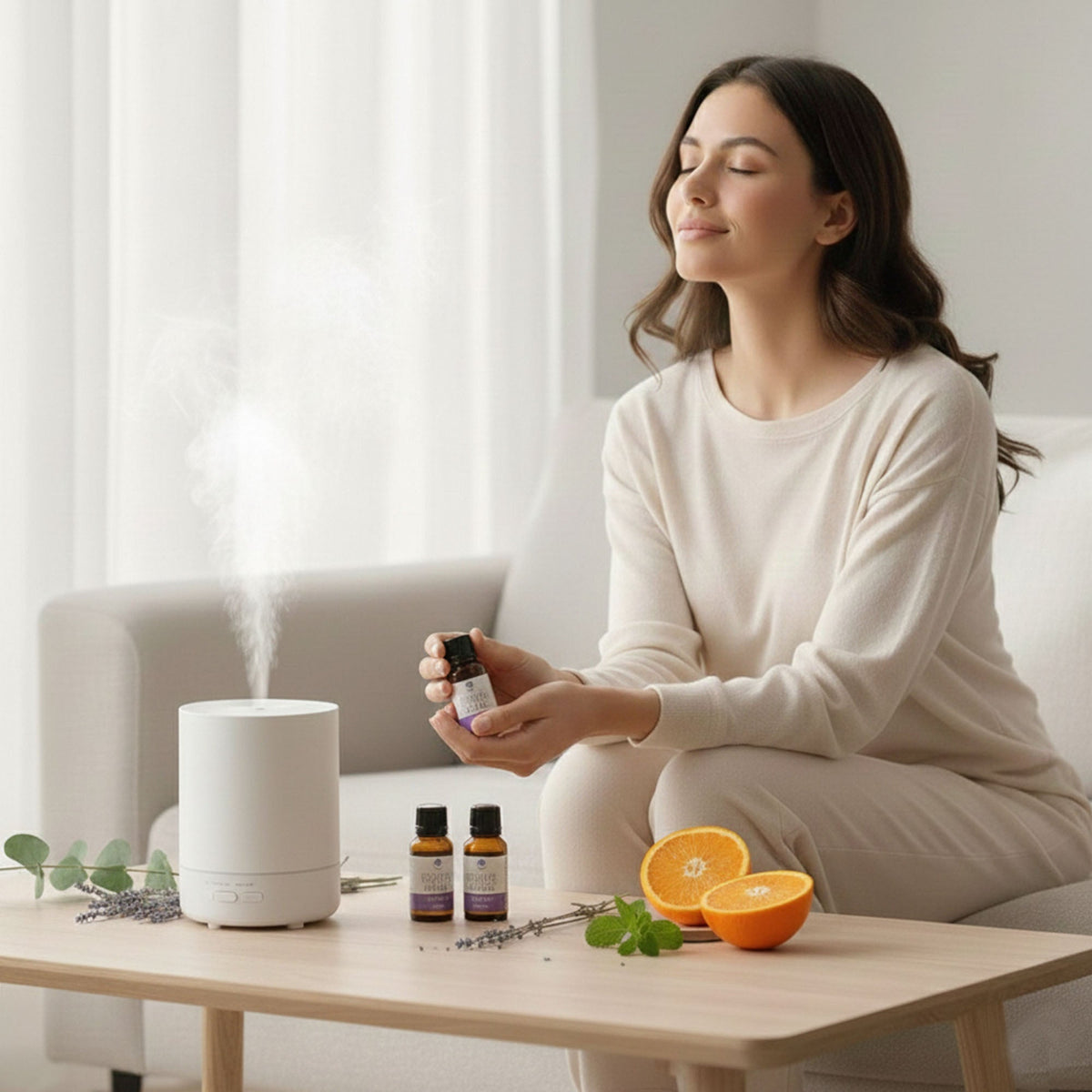 Woman enjoying aromatherapy beside a misting diffuser and essential oil bottles with fresh oranges in a calm home setting from DC-PURSONIC Best Sellers