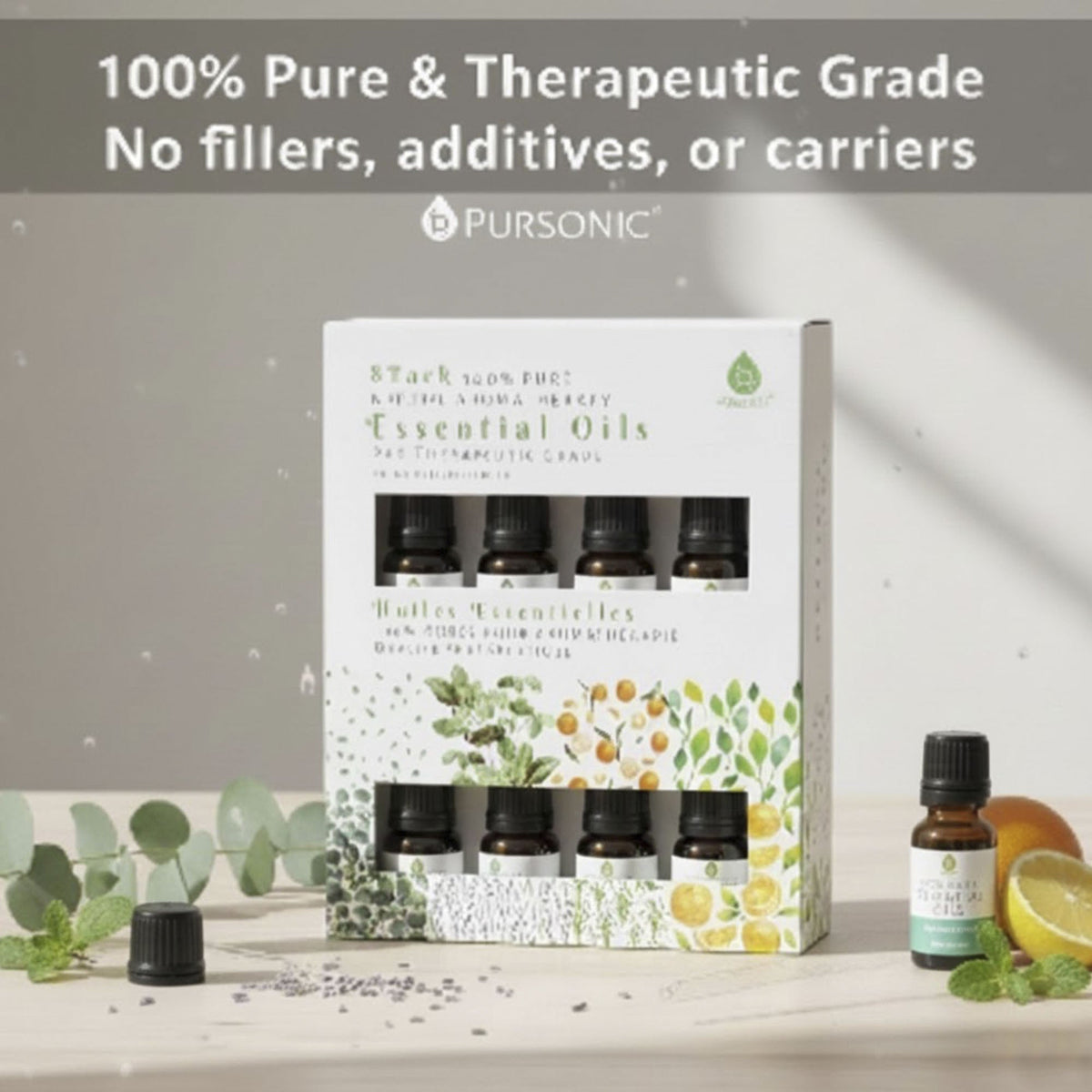 Pursonic eight bottle essential oil set with botanical packaging displayed beside citrus and greenery. DC-PURSONIC Best Sellers collection