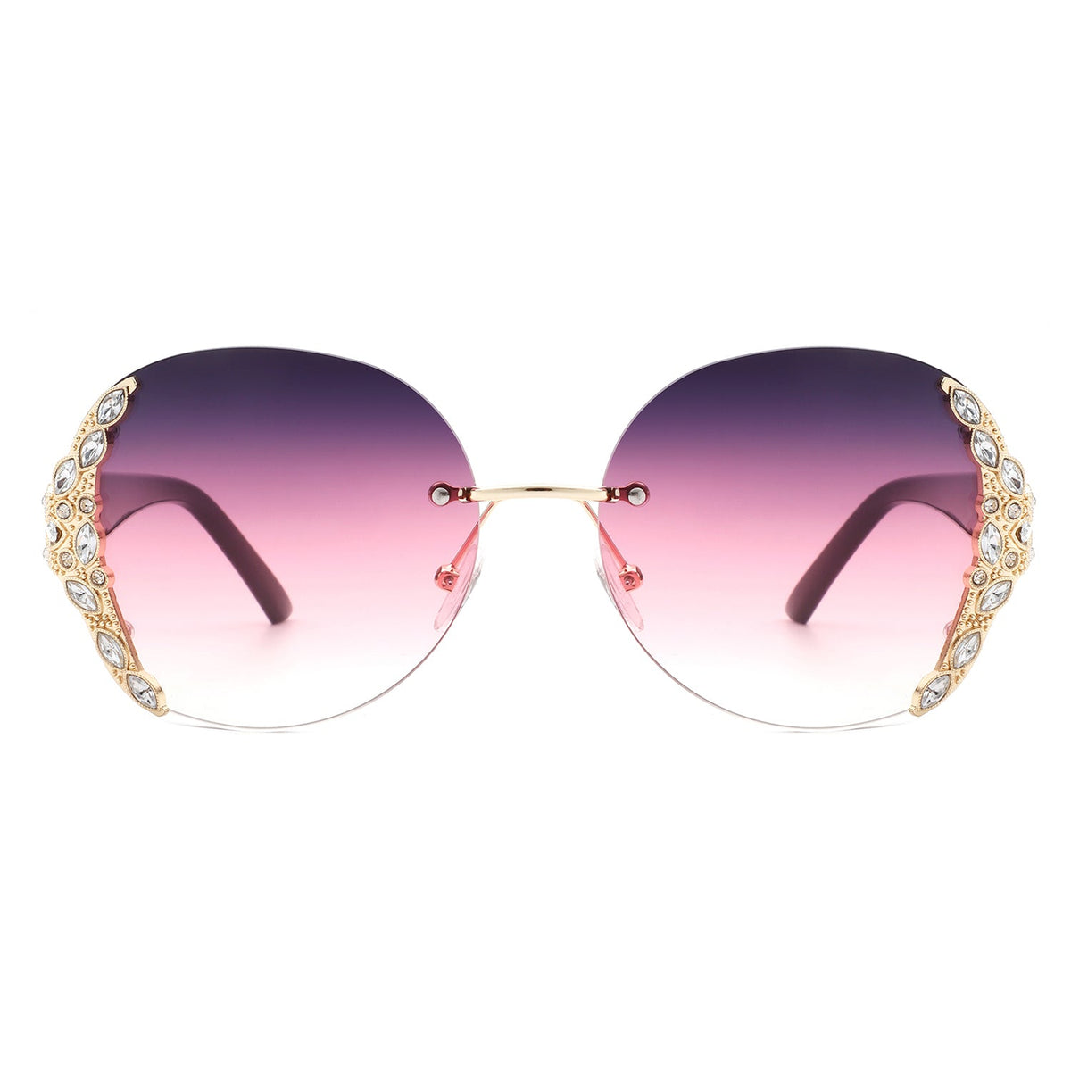 Women's oversized rimless sunglasses with purple and pink gradient lenses and ornate rhinestone side details by Cramilo Eyewear for stylish Jewelry collections