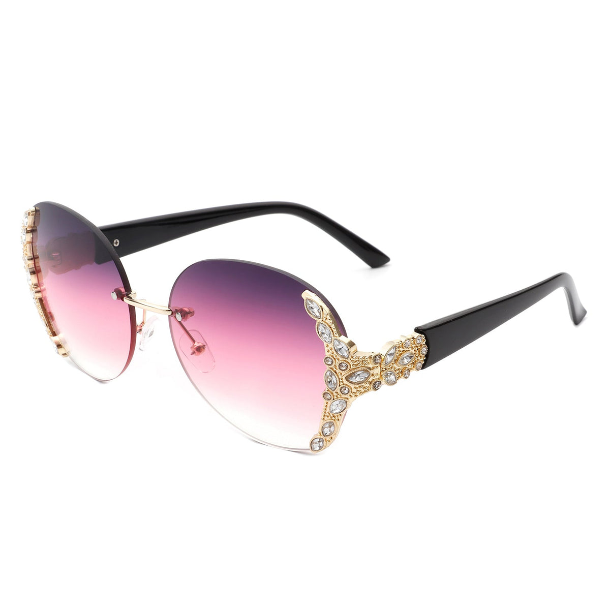 Oversized oval rimless sunglasses with pink gradient lenses black arms and ornate rhinestone embellishments by Cramilo Eyewear from the Jewelry collection