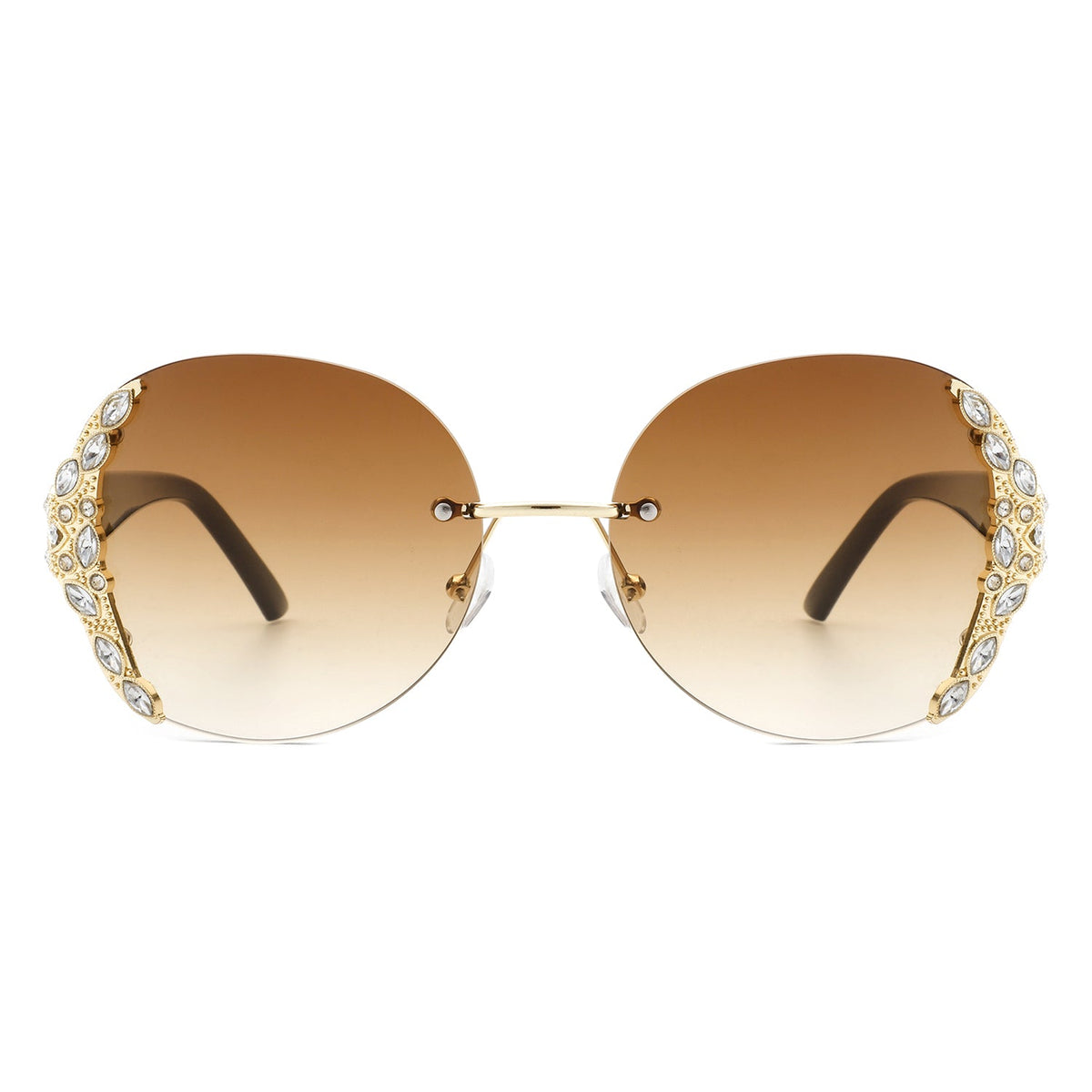 Women's oval rimless oversized sunglasses with brown gradient lenses and rhinestone side detailing by Cramilo Eyewear for the Jewelry collection