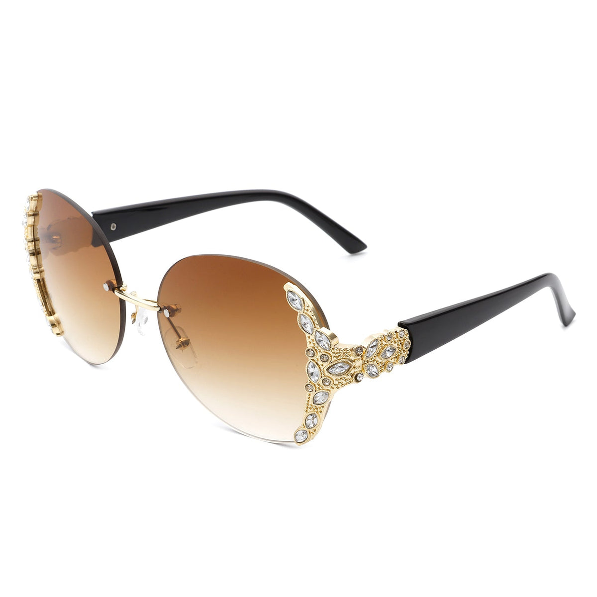 Oversized rimless womens sunglasses with brown gradient lenses black arms and ornate gold rhinestone detailing by Cramilo Eyewear for Jewelry lovers