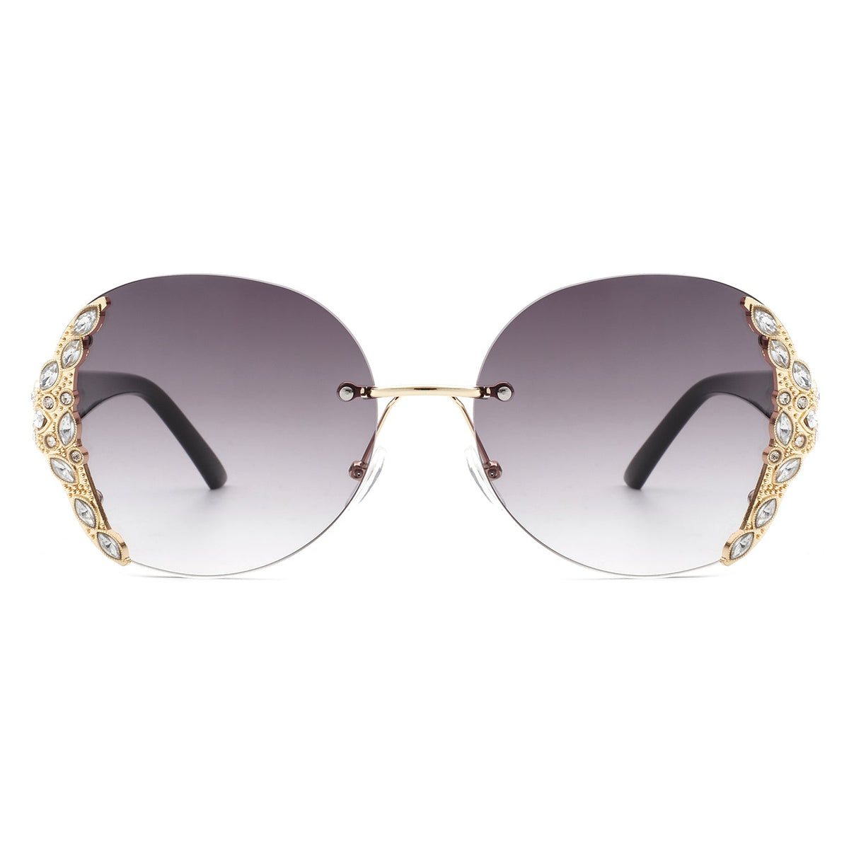 Oversized oval rimless rhinestone sunglasses with gradient lenses and decorative gold accents by Cramilo Eyewear from the Jewelry collection