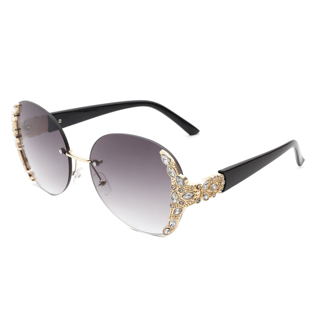 Cramilo Eyewear women's oversized rimless sunglasses with gradient lenses black temples and ornate gold rhinestone accents from the Jewelry collection