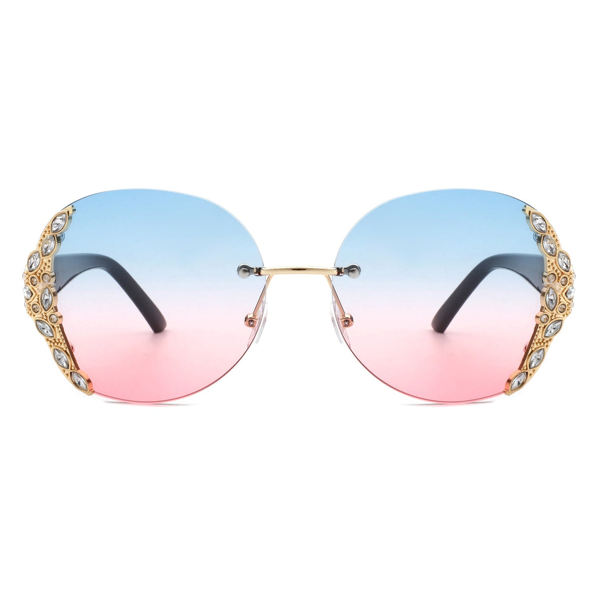 Oversized oval rimless sunglasses with blue and pink gradient lenses gold bridge and ornate rhinestone embellished sides