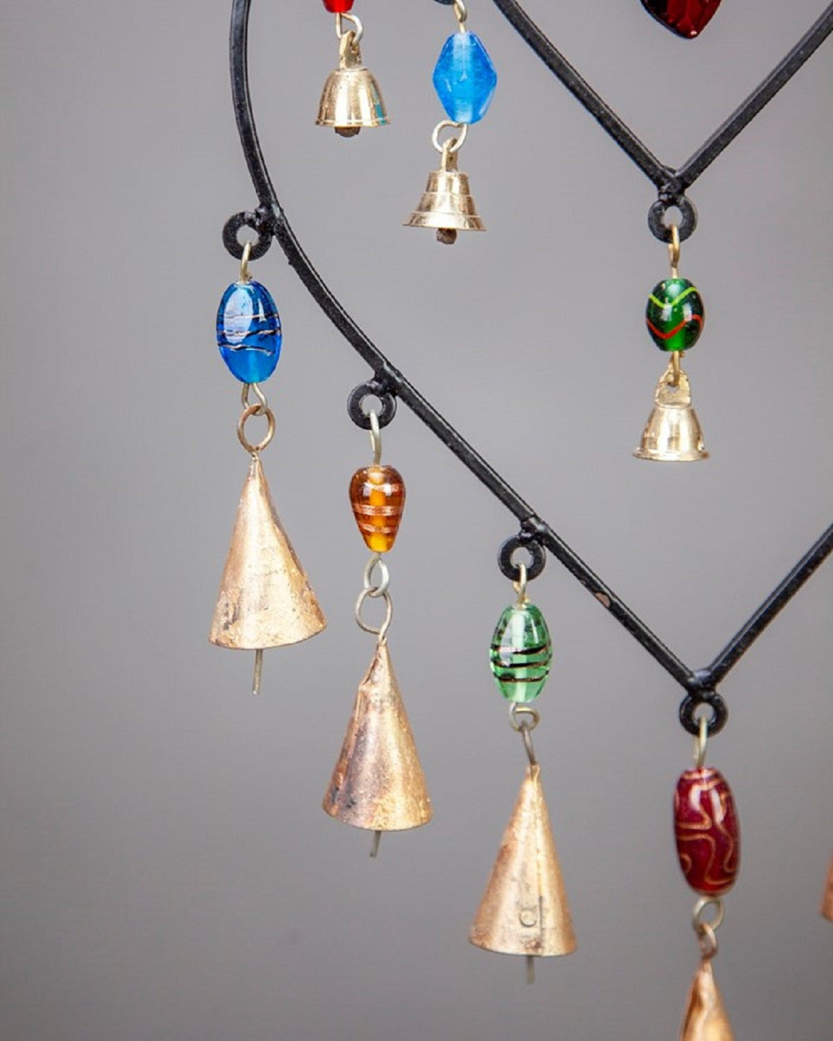 Handmade double heart hanging chime with colorful glass beads and brass bells for vibrant home decor from DC-OMSutra in Home beyond and New Arrivals