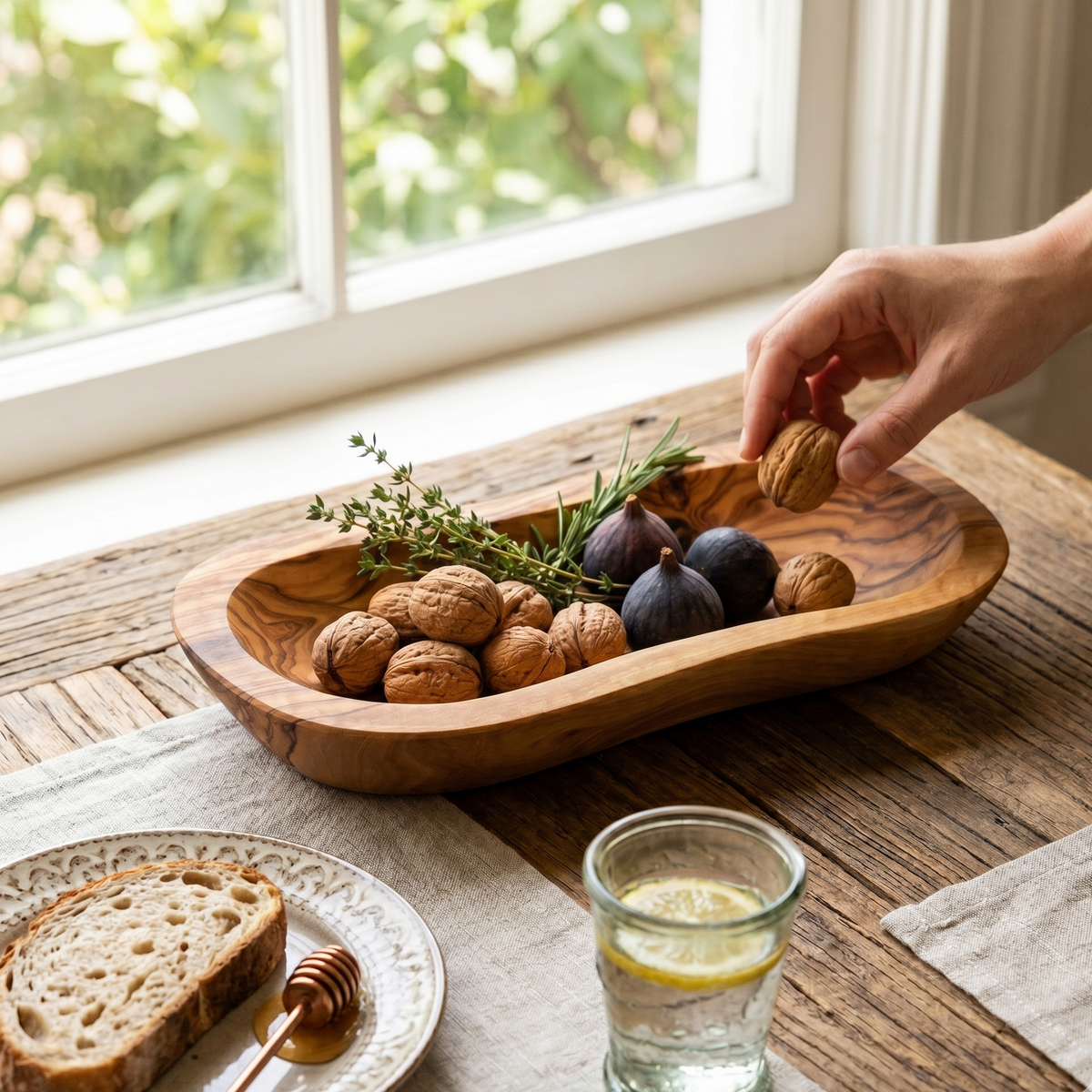 Mediterranean olive wood serving bowl filled with walnuts figs and herbs on a rustic table beside bread and lemon water in a bright kitchen