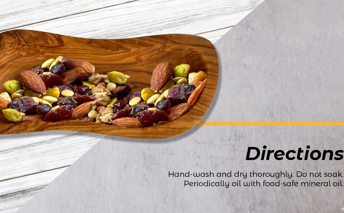 Natural olive wood bowl filled with nuts and dried fruit alongside care directions from DC-Choixe for the Home and beyond collection