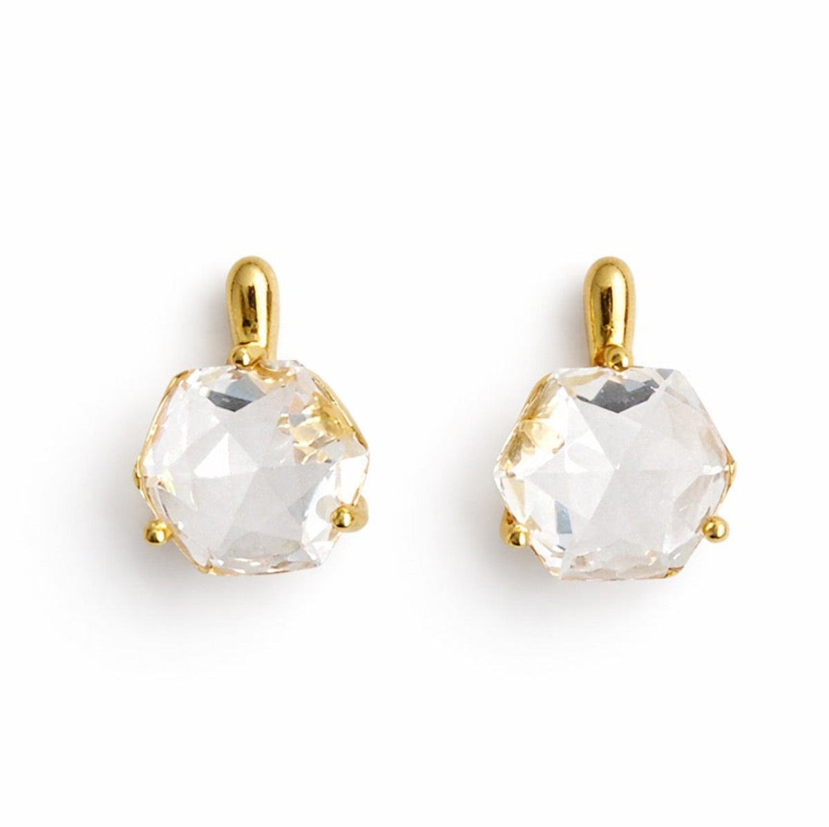 Faceted clear stone drop earrings with sculpted gold settings from Ellison and Young jewelry collection for elegant womens fashion styling