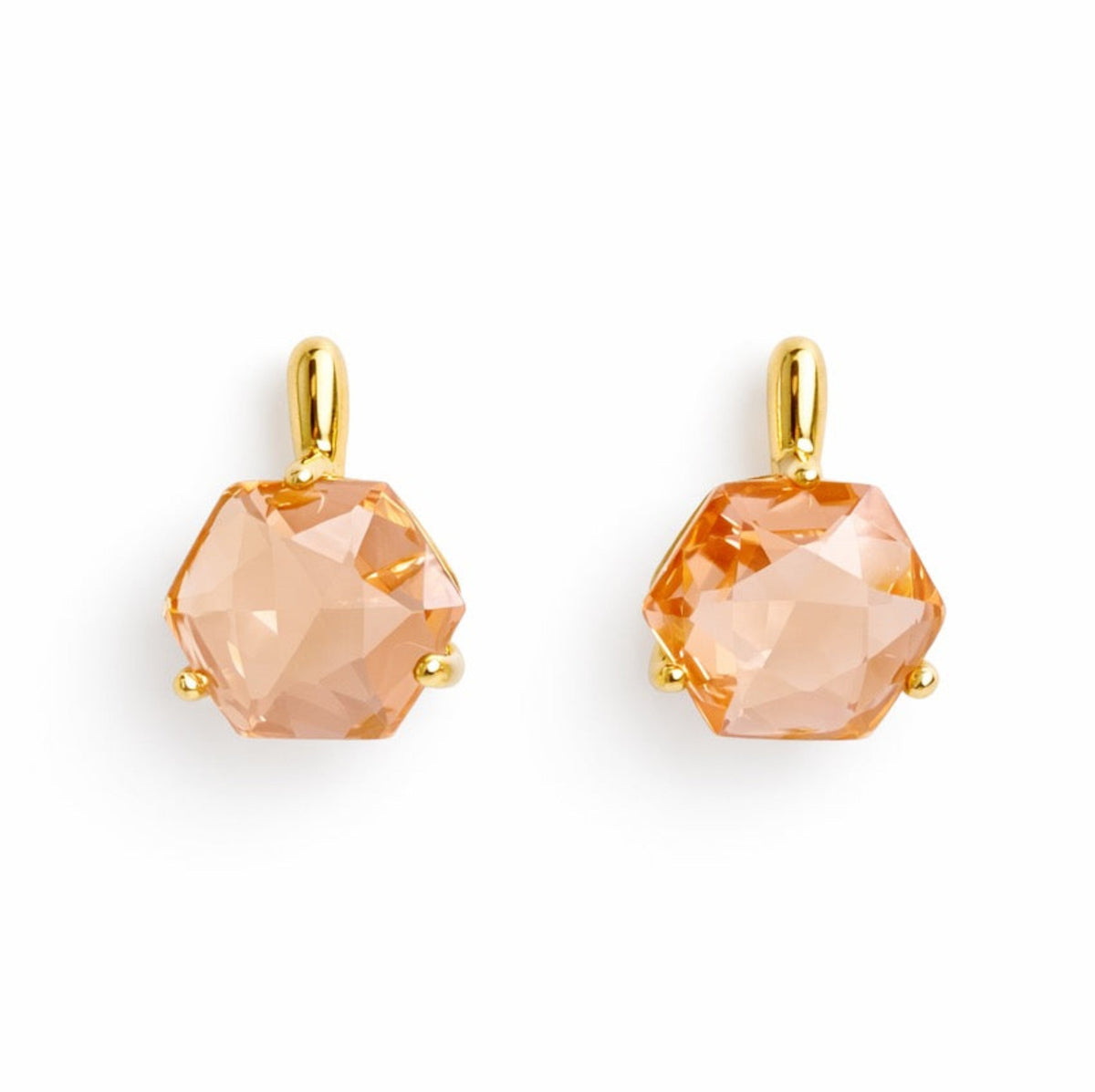 Faceted peach stone drop earrings with sculpted gold settings from Ellison + Young Jewelry for an elegant women's jewelry accessory on a white background