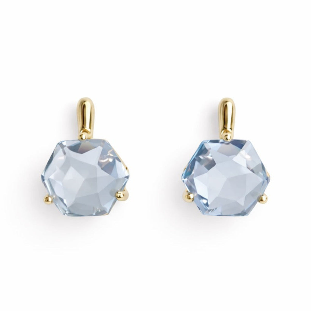 Pair of faceted pale blue drop earrings with sculpted gold settings from Ellison + Young Jewelry collection for women's jewelry styling
