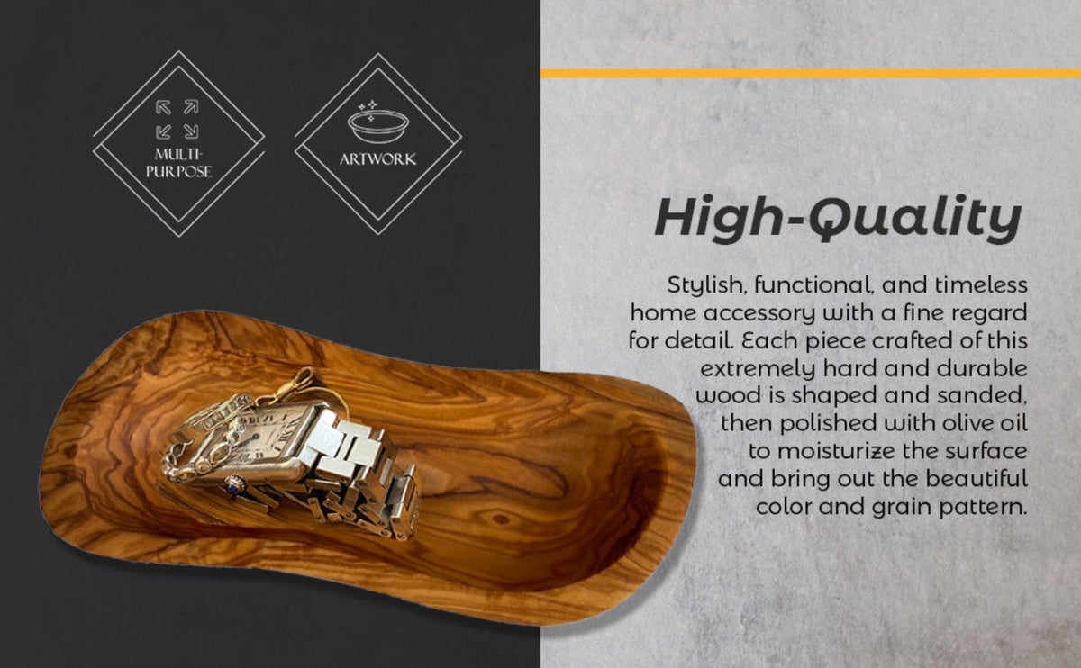 Mediterranean olive wood multi purpose bowl with a wavy shape holding keys and showcasing rich natural grain from DC Choixe in Home and beyond