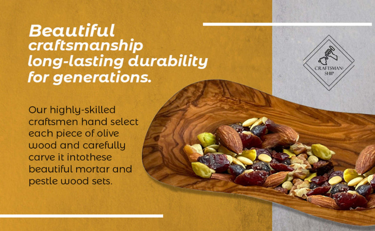 Mediterranean olive wood bowl filled with nuts and dried fruit beside craftsmanship text from DC-Choixe for Home and beyond home decor