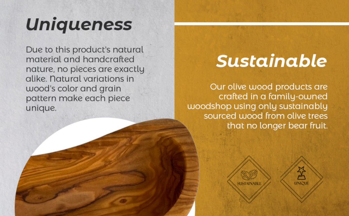 Elongated Mediterranean olive wood bowl with rich natural grain shown beside sustainability and uniqueness details from DC Choixe home decor collection