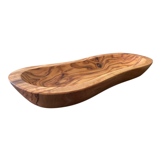 Elongated Mediterranean olive wood bowl with natural swirling grain for snacks salsa or home decor by DC-Choixe from Home and beyond