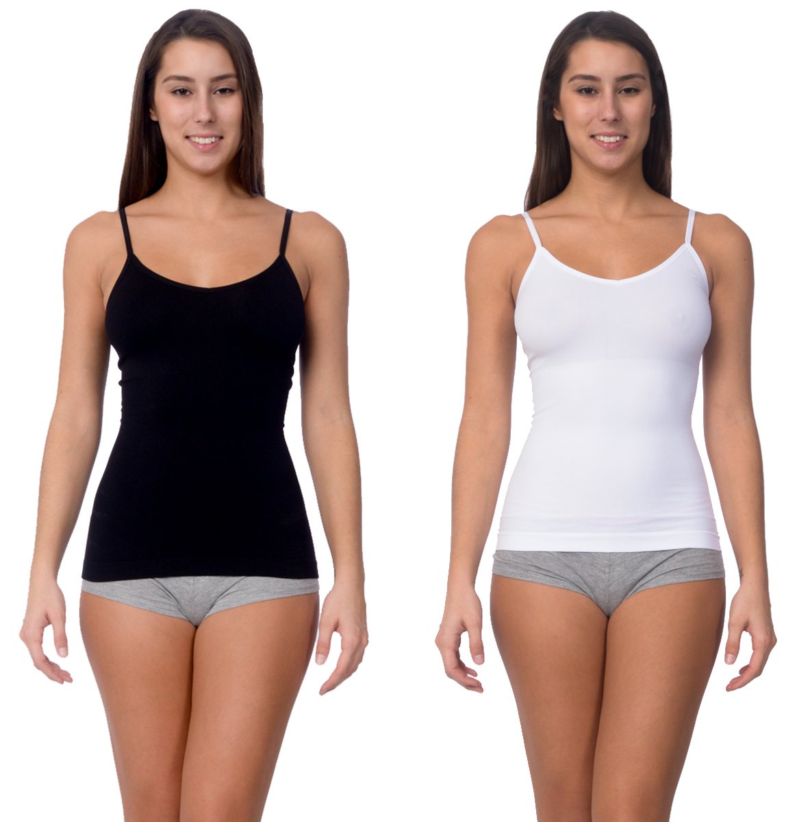 Two women model black and white seamless shaping camisoles with adjustable straps and tummy control from Body Beautiful Shapewear Athletics collection