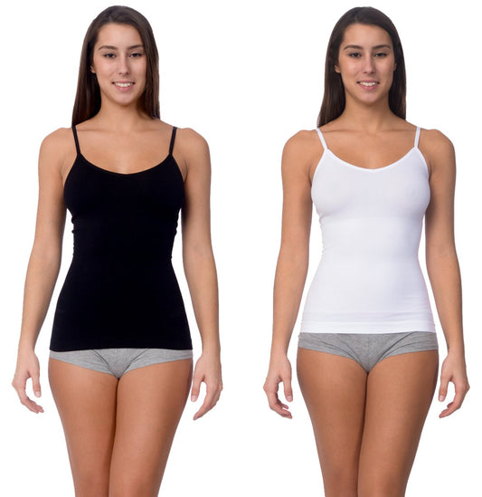 Two women model black and white seamless shaping camisoles with adjustable straps and tummy control from Body Beautiful Shapewear Athletics collection