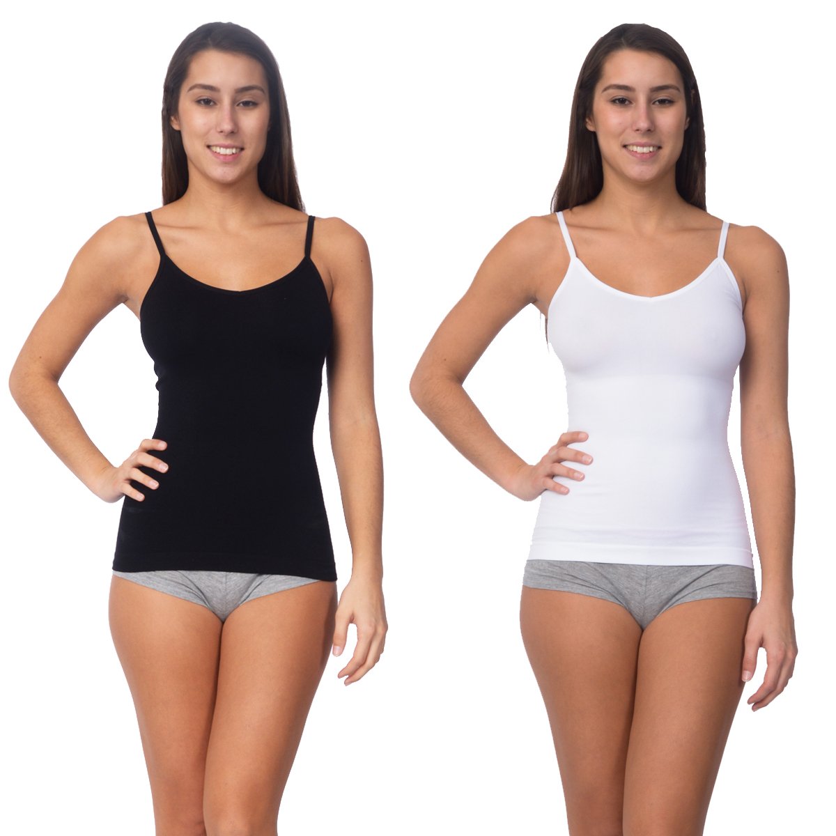 Two models wearing black and white seamless shaping camisoles with adjustable straps and fitted tummy control styling from Body Beautiful Shapewear in Athletics
