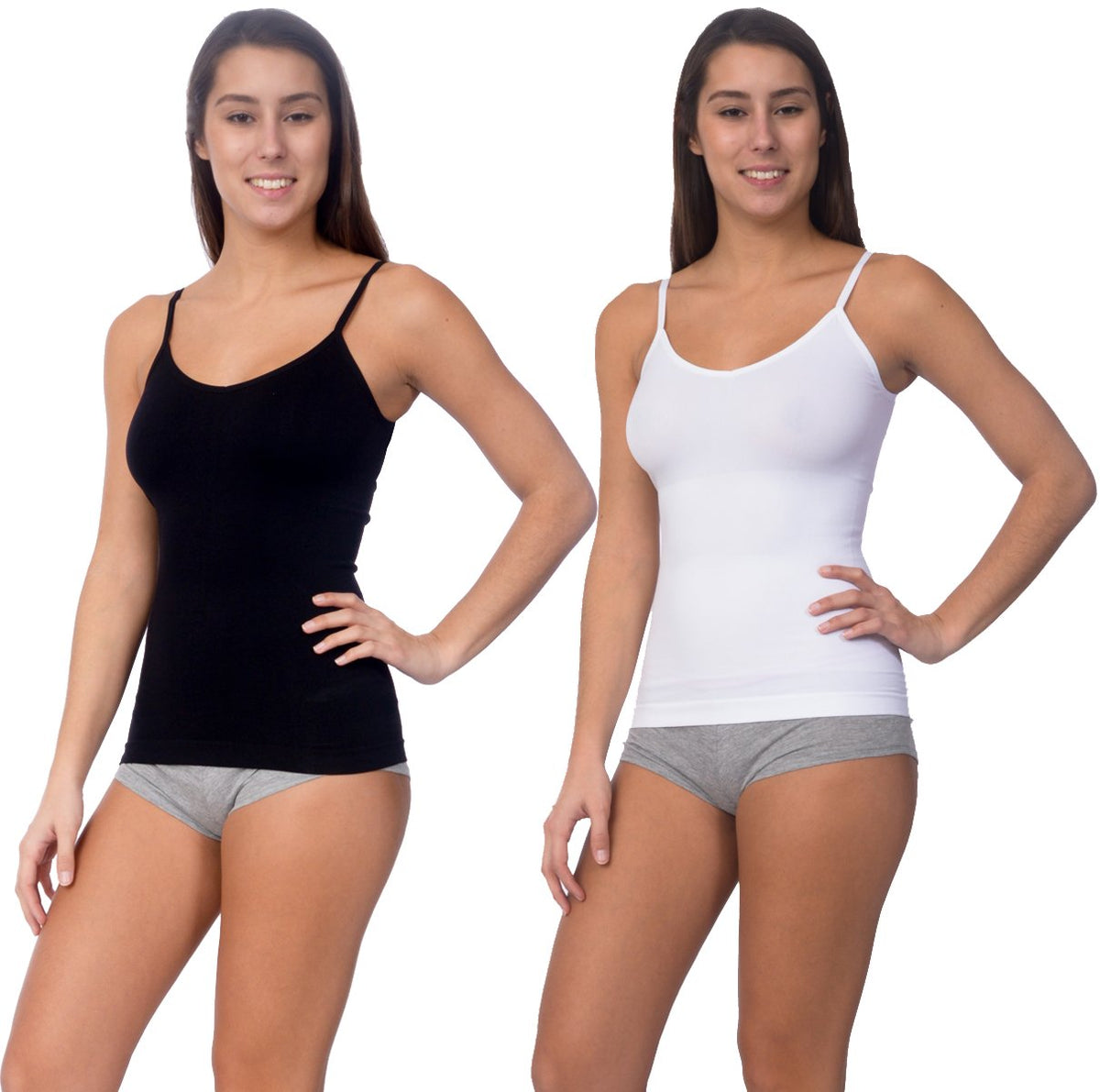 Two women model black and white seamless shaping camisoles with adjustable straps and tummy control from Body Beautiful Shapewear in Athletics collection