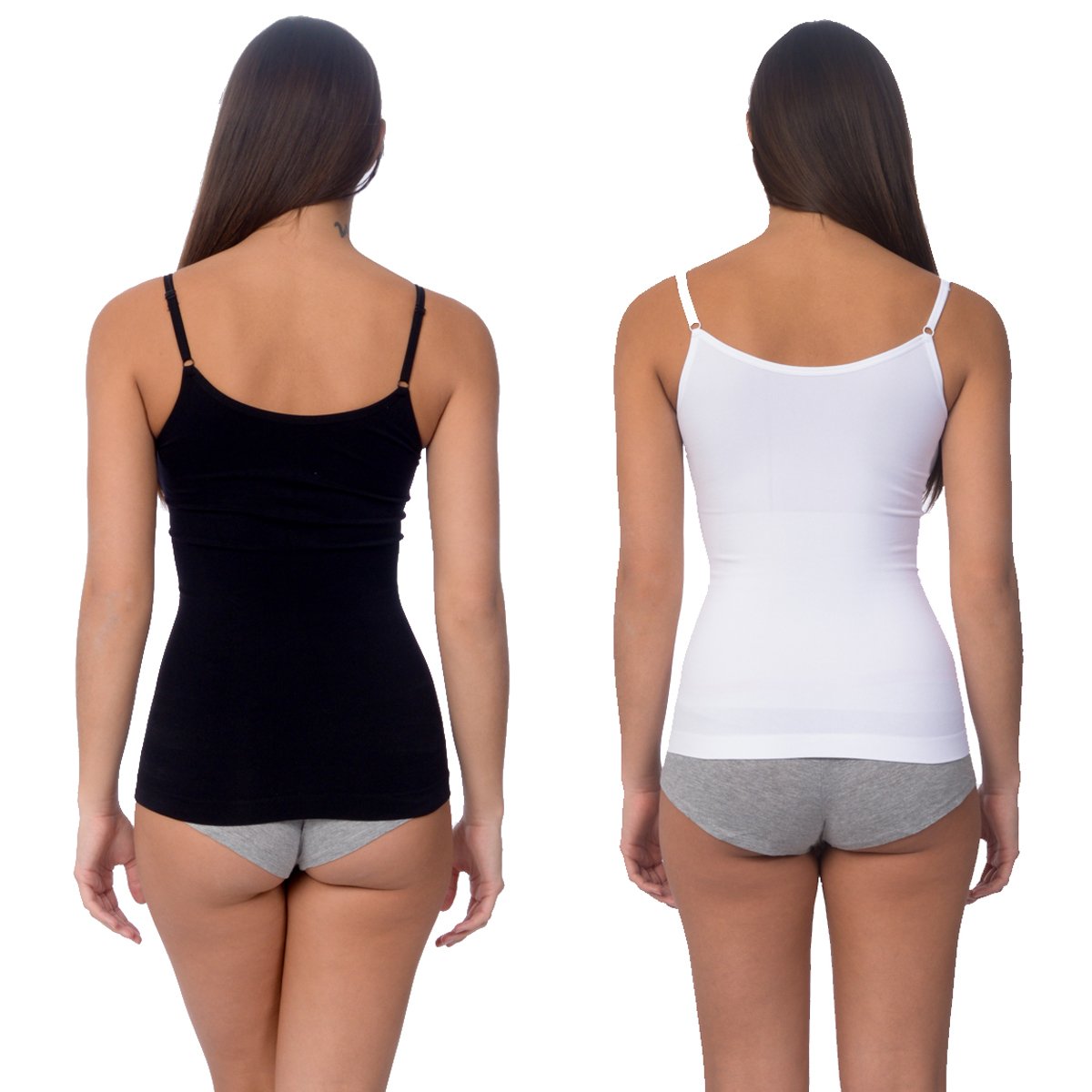 Rear view of two women wearing seamless shaping camisoles in black and white with adjustable straps and smooth fitted silhouettes