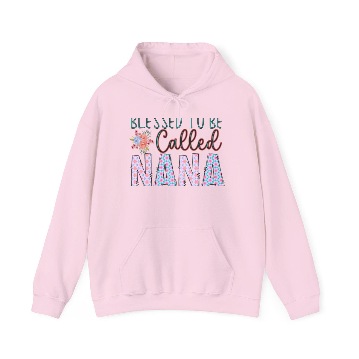 Pink hooded sweatshirt with a floral Blessed to be Called Nana graphic drawstring hood ribbed cuffs and front kangaroo pocket for cozy everyday wear