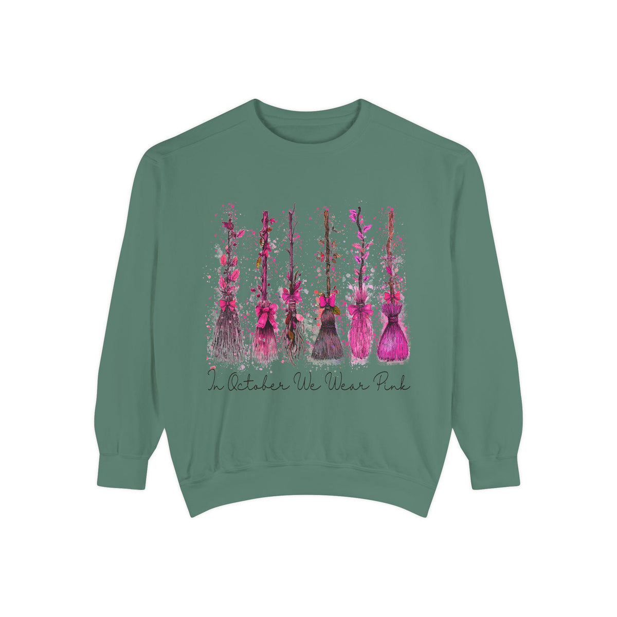 Green crewneck sweatshirt featuring a pink and magenta floral graphic with an In October We Wear Pink message for breast cancer awareness fashion