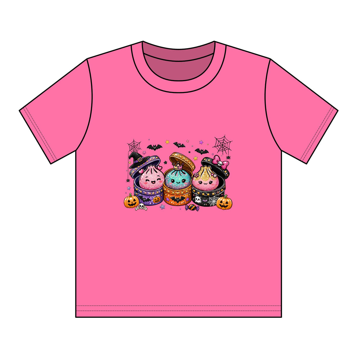 Pink youth graphic tee with three cute Halloween dumpling characters in costumes pumpkins bats and cobwebs from Drizzle and Tizzle Kids collection