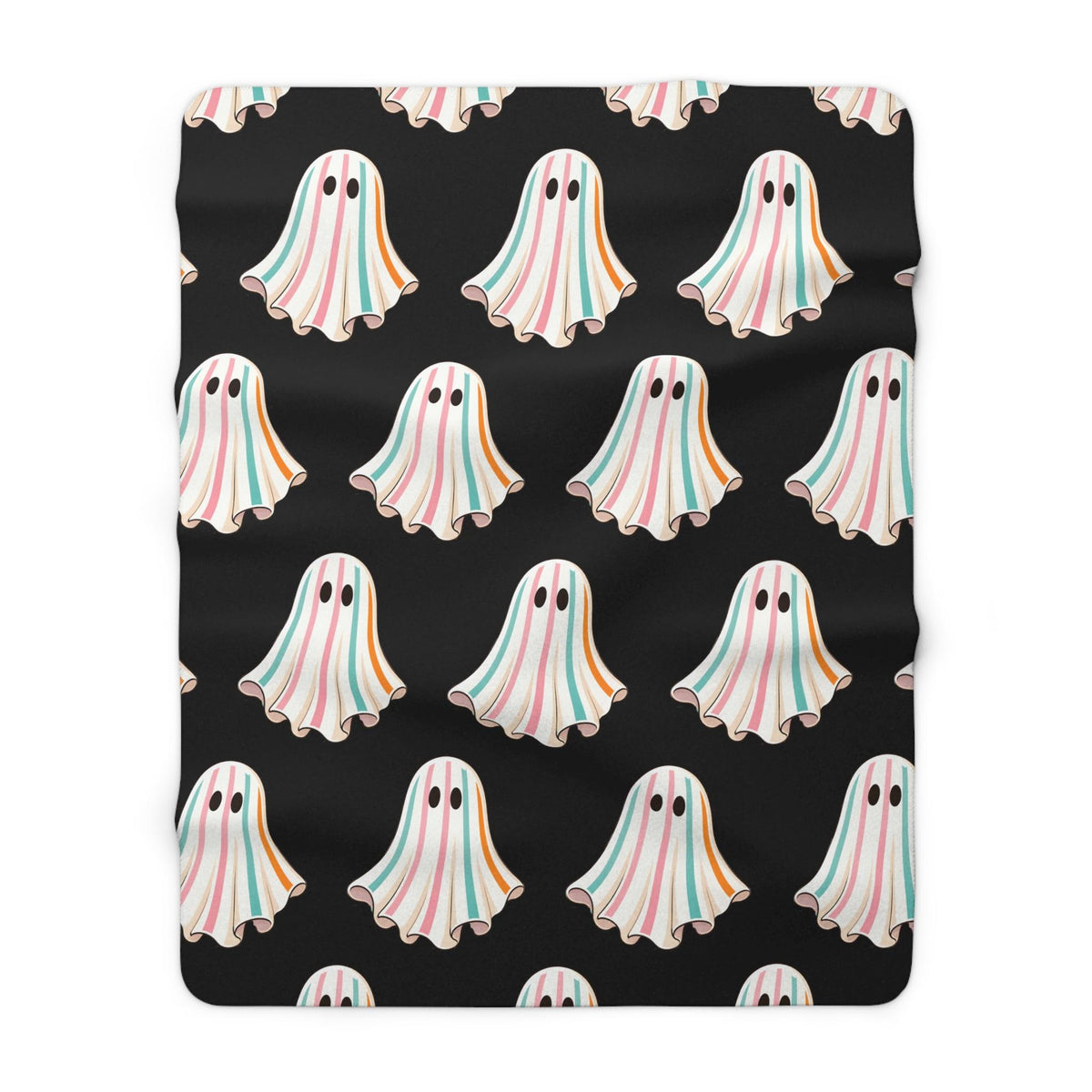 Black sherpa throw blanket featuring a repeating pattern of playful pastel striped ghosts for cozy Halloween home decor