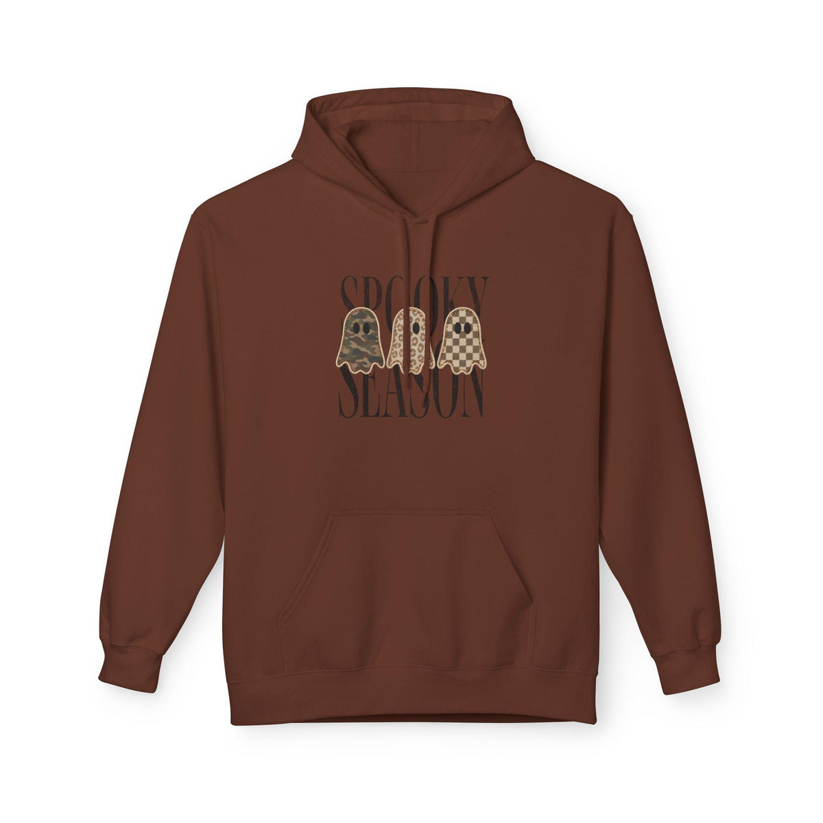 Chestnut brown fleece hoodie featuring three vintage style ghosts and spooky season lettering on the front for women's seasonal graphic apparel