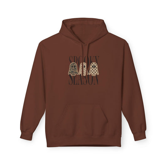 Chestnut brown fleece hoodie featuring three vintage style ghosts and spooky season lettering on the front for women's seasonal graphic apparel