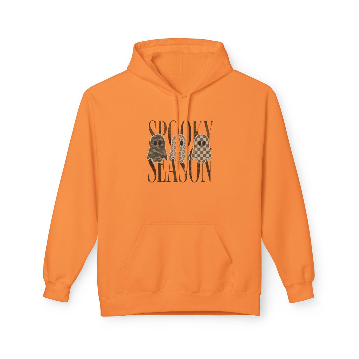 Orange pullover hoodie with a Spooky Season graphic featuring playful ghosts and pumpkins for womens seasonal fashion from Drizzle and Tizzle