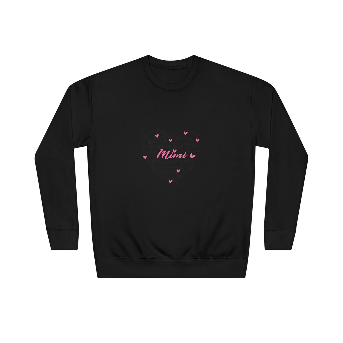 Black crewneck sweatshirt featuring pink handwritten Mimi lettering surrounded by small heart accents, with long sleeves and ribbed cuffs and hem