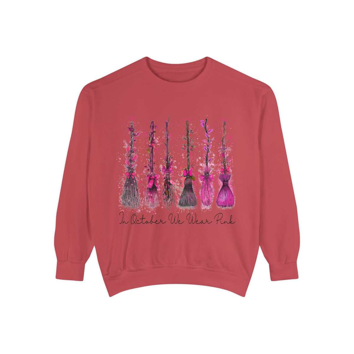 Dusty rose crewneck sweatshirt with a hand painted pink floral design and cursive October breast cancer awareness message from Printify for womens fashion