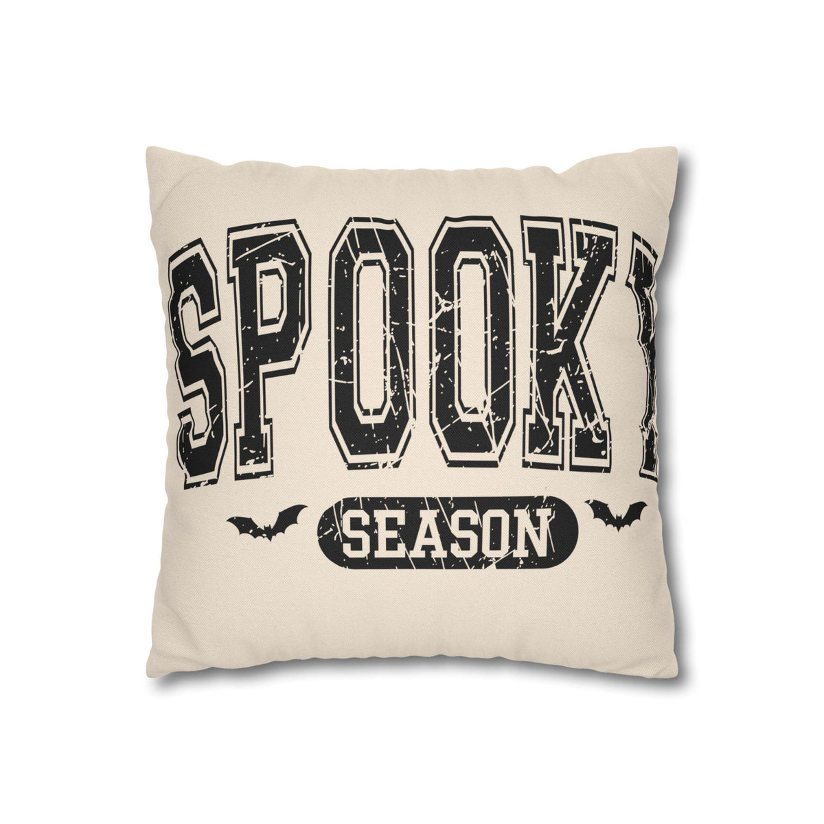 Cream square pillowcase featuring distressed black SPOOKY SEASON lettering and bat accents for stylish seasonal home decor
