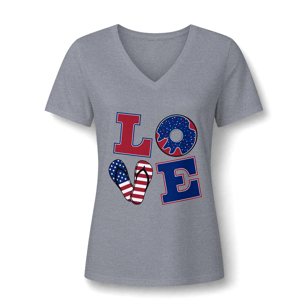 Gray womens V neck graphic tee featuring LOVE lettering with patriotic American flag donut and heart designs for casual summer style