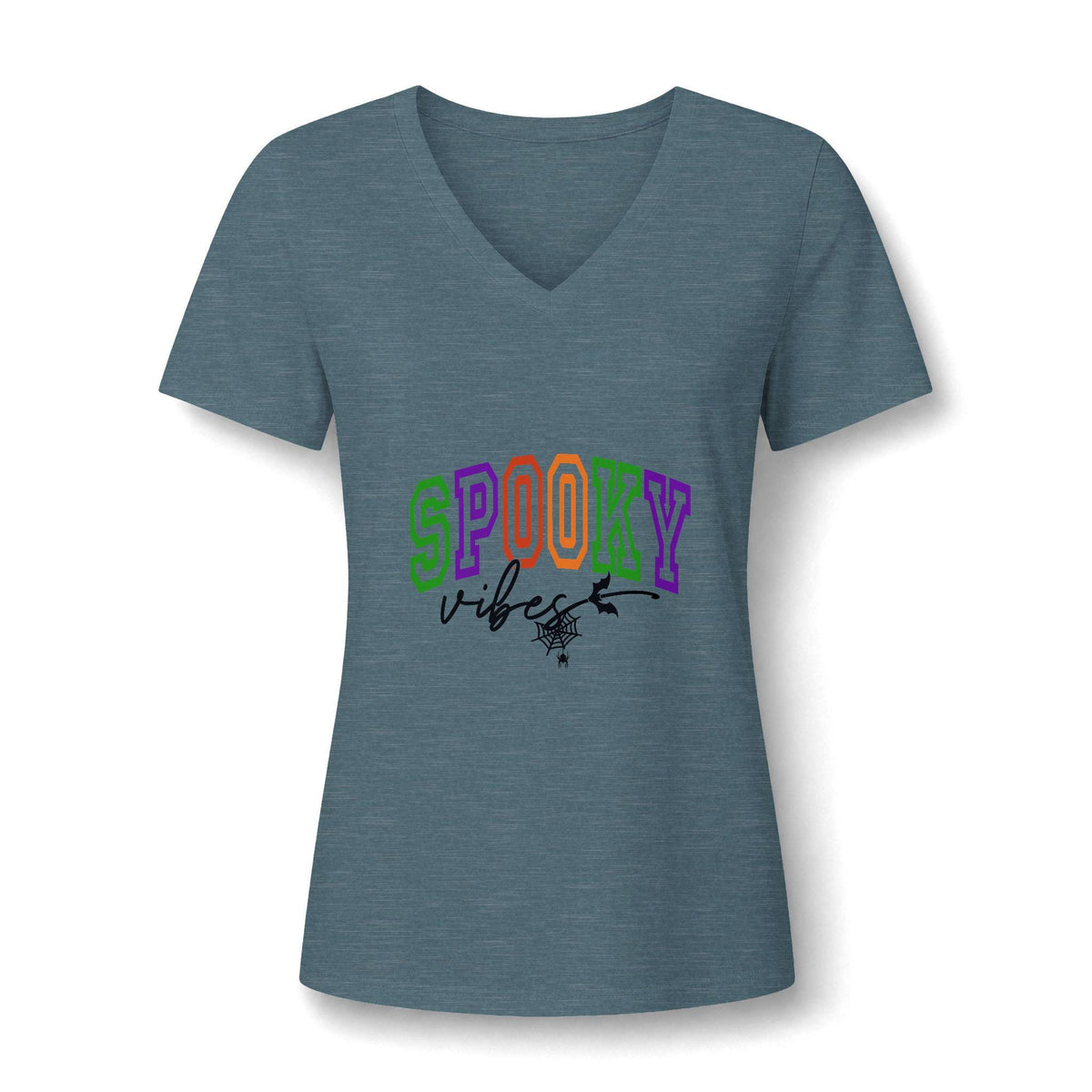 Womens heather blue V neck graphic tee with colorful SPOOKY lettering and a playful Halloween witch design on the front